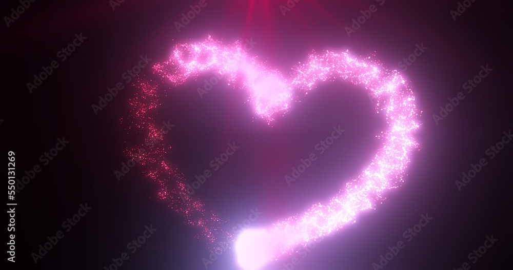 Fototapeta premium Purple pink heart love glowing shiny for valentine's day holiday from magic energy lines and particles on black background. Abstract background