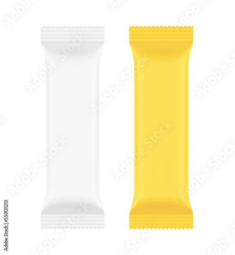 Set of realistic packaging flow pack mockup. Front and back side. Vector illustration isolated on white background. It can be used for sugar, coffee, ketchup, powder, cosmetics and etc. EPS10.	