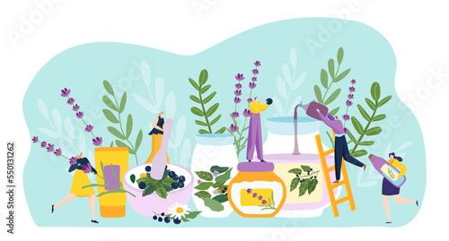 Group of people cosmetology skin care and healthcare, tiny character together preparation beauty cream flat vector illustration, isolated on white.