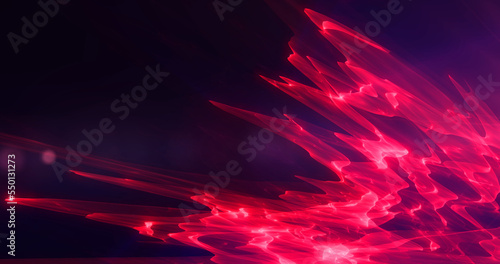 Futuristic abstract red ruby sharp glass crystals from waves, smoky lines magical energy glowing neon isolated on black background. Abstract background. Screensaver