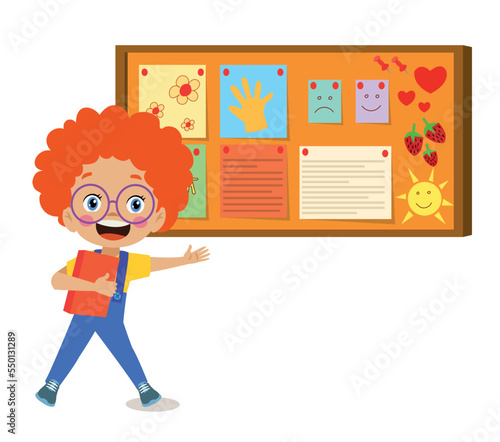 Cork board with paper notes and children picture