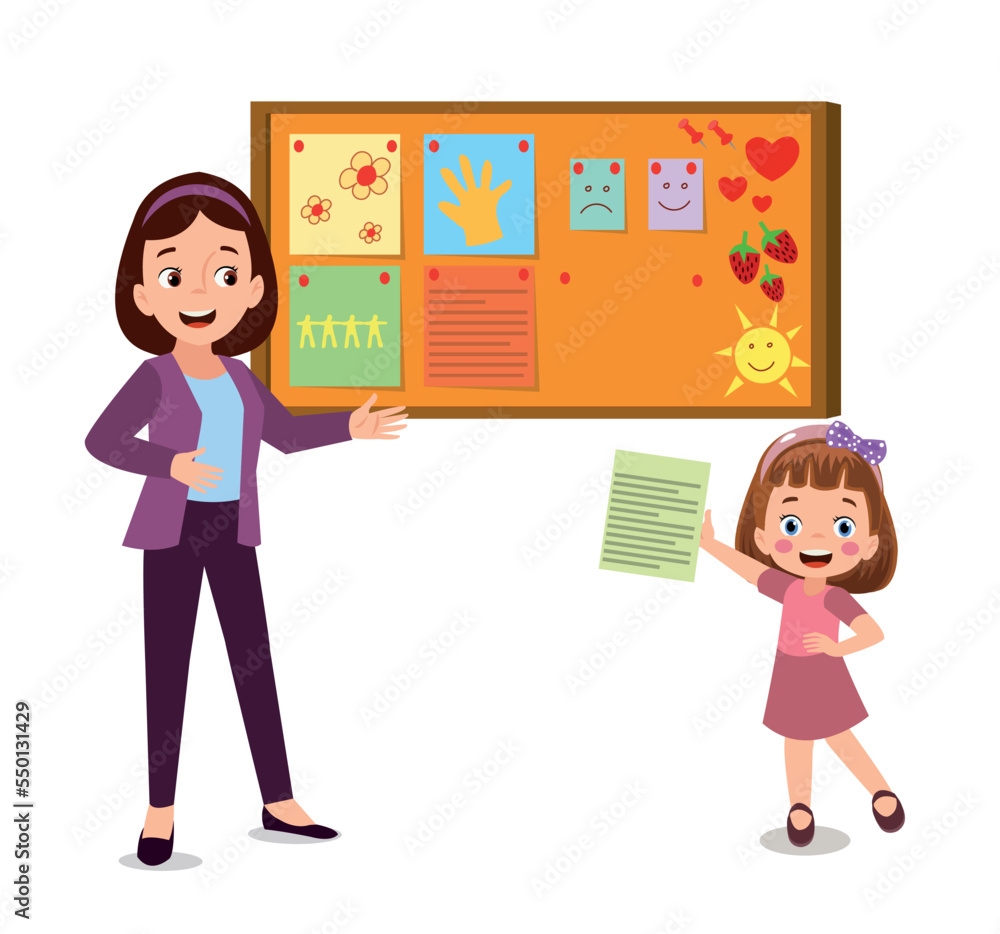 Cork board with paper notes and children picture Cork board with paper notes and children picture