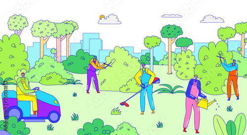 Urban care service outdoor park garden, teamwork people together maintenance reserve, city landscape line flat vector illustration.