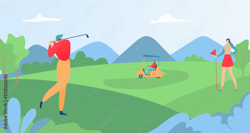 Professional male people character playing golf, luxury outdoor physical exercise, female hold flag flat vector illustration.