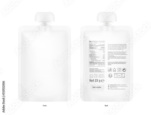 Pouch up bag mockup with center top cap. Vector illustration isolated on white background with sample text. Front and back view. Can be use for template your design, presentation, promo, ad. EPS10.	
