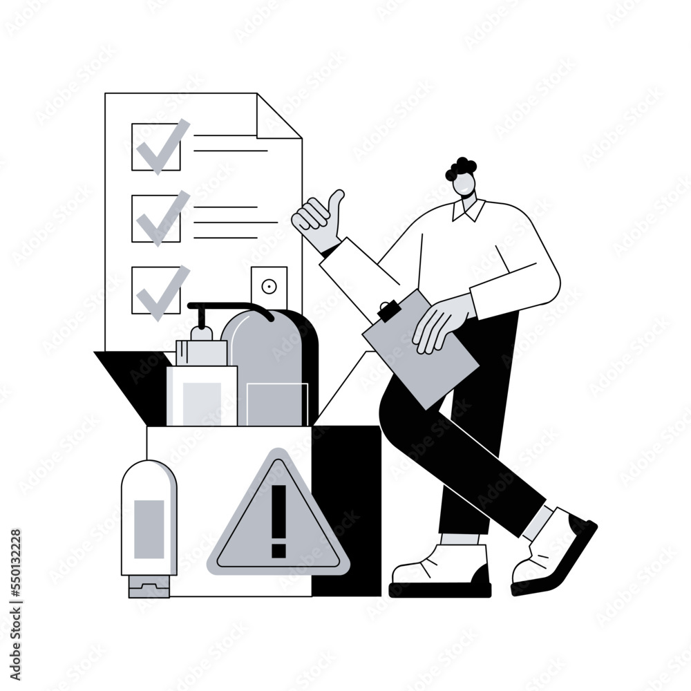 Product safety control abstract concept vector illustration. Manufacturing equipment, product testing and inspection job, protection sign, information label, laboratory check abstract metaphor.