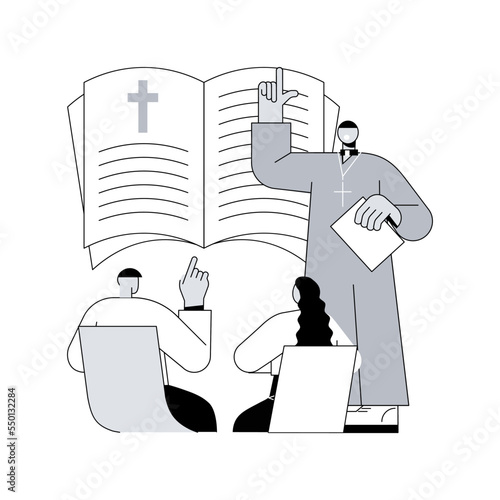 Theology abstract concept vector illustration. Divine teaching, religious belief, study of god, theological lectures, sunday school, man prays, church priest, monk in monastery abstract metaphor.