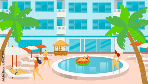 Touristic place hotel, relaxing people together chill out swimming pool, tropical vacation all inclusive inn flat vector illustration.