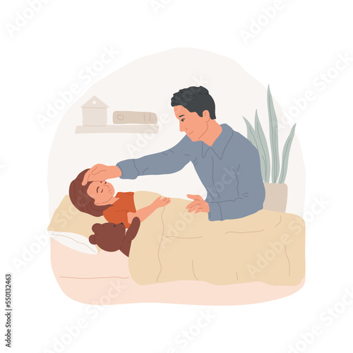 Caring for a sick child isolated cartoon vector illustration. Parent sitting by the bed, nursing a sick child, taking care of an ill toddler, giving medicine, touching forehead vector cartoon.