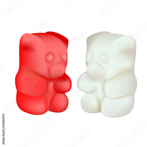 Two jelly bears, red and white with berry flavor, sweet snack