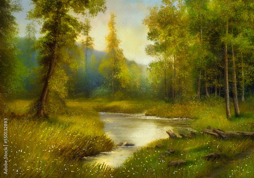 Digital oil paintings summer landscape, fine art, artwork, landscape with lake and trees