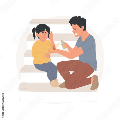 First aid isolated cartoon vector illustration. An adult treats childs wound, puts bandage on an abrasion, scratched elbows, family first aid, taking care of injured toddler vector cartoon.