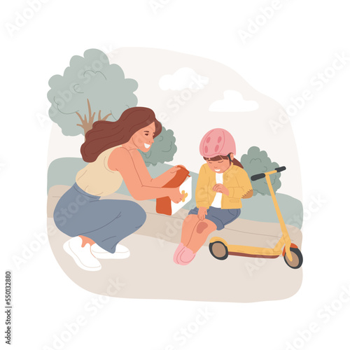 Slight injury isolated cartoon vector illustration. Child with bruise on his knee and patch on elbow, family first aid kit, children common injury treatment, bump and sprain vector cartoon.