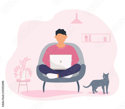 A man is sitting with a laptop at home on a chair, working remotely. A student studies online. Vector graphics.