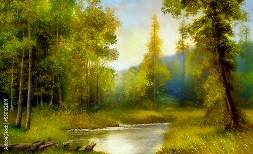 Digital oil paintings summer landscape  fine art  artwork  landscape with lake and trees