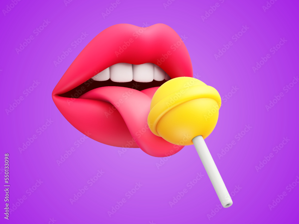 Cartoon sexy female lips and tongue licking yellow round sugar candy on  stick. Beautiful mouth licking lollipop isolated on purple background.  Vector illustration Stock Vector | Adobe Stock