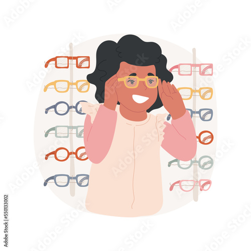 Choosing new eyewear isolated cartoon vector illustration. Kid chooses new glasses, many colorful frames on background, child trying on eyewear in a shop, ophthalmologist vector cartoon.