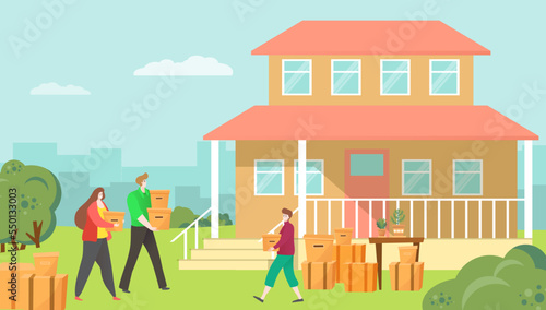 Young lovely family moving new country house, people character together carry stuff and carton box flat vector illustration.