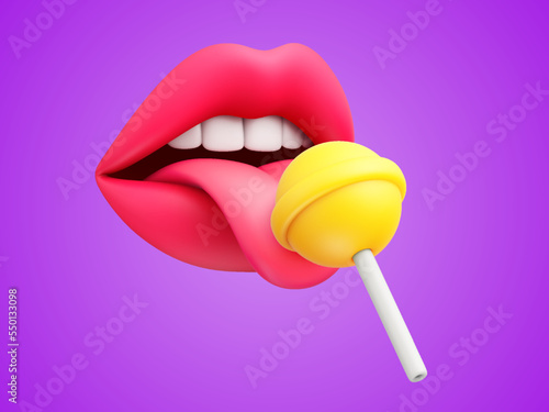 Cartoon sexy female lips and tongue licking yellow round sugar candy on stick. Beautiful mouth licking lollipop isolated on purple background. Vector illustration