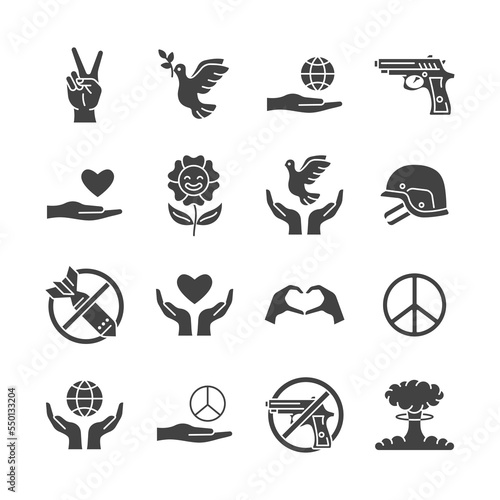 Peace glyph icon set. Pacifism black symbols with pigeon, gun, helmet, flower, bomb. No war vector sign.