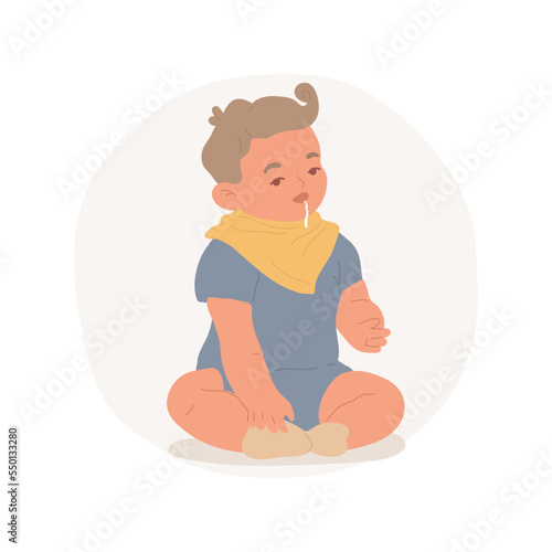 Drooling isolated cartoon vector illustration. Baby with drooling, saliva draining outside the mouth, infant teething problem, toothache treatment, early childhood health vector cartoon.