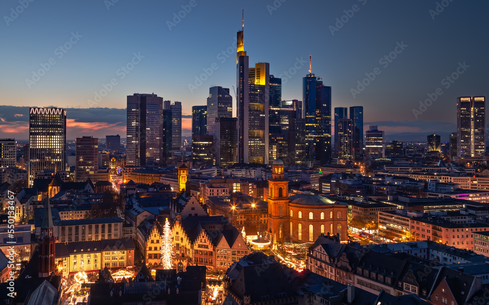 Illuminated City Skyline at Night in Frankfurt am main, Germany