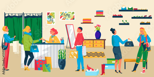 Group of people queue fashionable boutique clothes, garment cash register store, sale clothing shoes flat vector illustration.