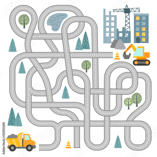 Maze game with vehicles and tangled road. Help the truck to reach the construction site