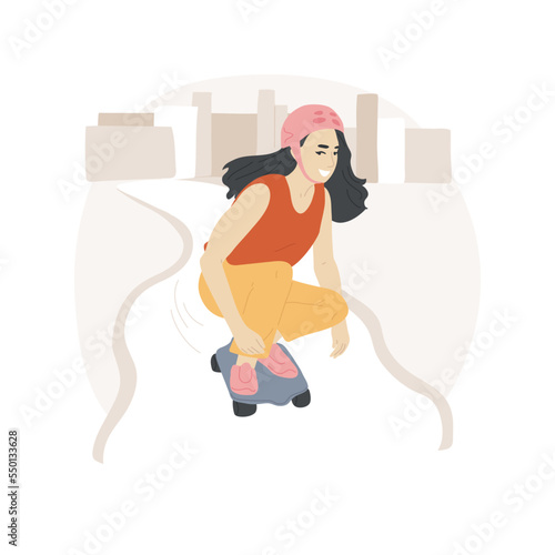 Longboarding isolated cartoon vector illustration. Beautiful teenage girl riding longboard outdoor, riding downhill, performing freestyle tricks, extreme sport, active lifestyle vector cartoon.