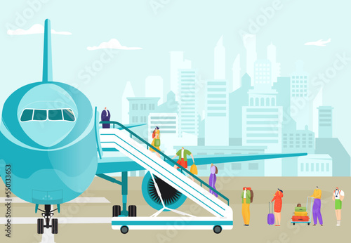 Group of people walk upstairs plane ramp, concept travel time preparation take off passenger airplane flat vector illustration.
