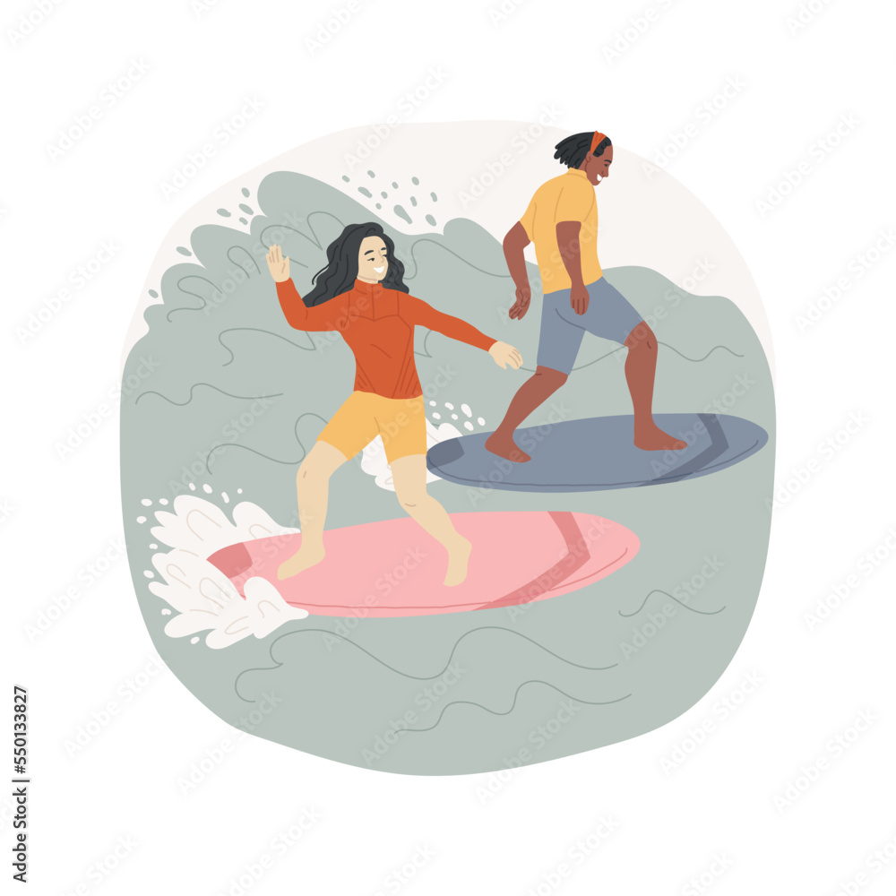 Surfing isolated cartoon vector illustration. Group of happy teenagers surfing together, extreme summer sport, active lifestyle, leisure time together, having fun on beach vector cartoon.
