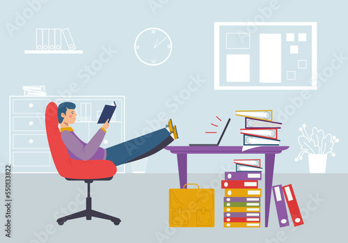 Worker character people sitting chair and work procrastination, man read book ignore job, large amount labour flat vector illustration.