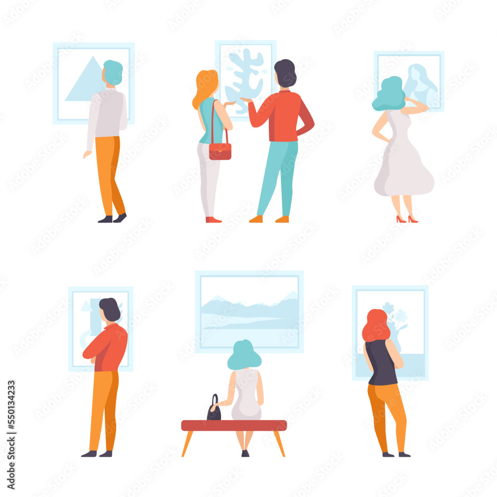 People Visitors of Classic Art Gallery Viewing Masterpieces at Museum Vector Set People Visitors of Classic Art Gallery Viewing Masterpieces at Museum Vector Set
