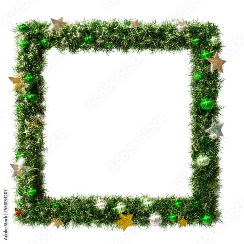 Beautiful icy green christmas wreath square frame with shiny stars and green orbs, on transparent background (RGBA 3D Rendering PNG)