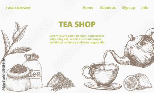 Drink tea shop collection sketch online landing page, template internet website herbal ceremony flat vector illustration.