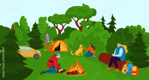 Group of tourist people character together hiking camping outdoor, forest trip adventure setting up tent flat vector illustration.