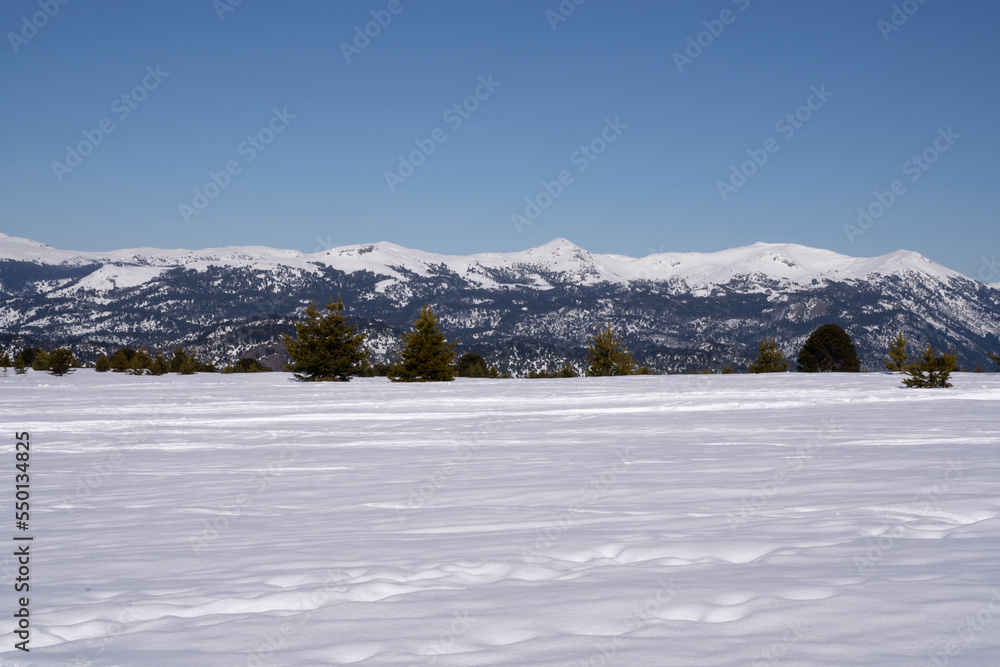Alpine landscape. View of the snowfield under a clear blue sky in a sunny day, with the mountains in the background. Alpine landscape. View of the snowfield under a clear blue sky in a sunny day, with the mountains in the background.