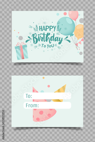 Vector colorful cute small happy birthday greeting card with empty space for to from names text. Sign label card tag for a gift box with text happy birthday to you. Printable template photo