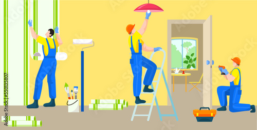 Professional labour work home repair, people builder employee together maintenance apartment house flat vector illustration.