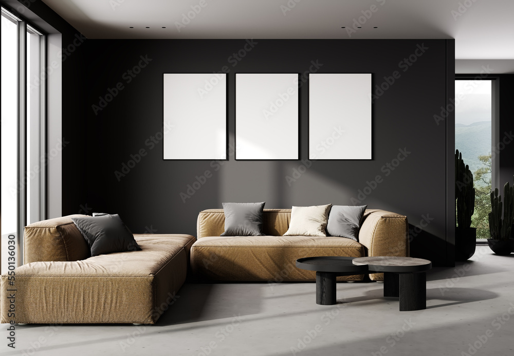 Mock-up frames in dark home interior with sofa, loft, 3d render Mock-up frames in dark home interior with sofa, loft, 3d render