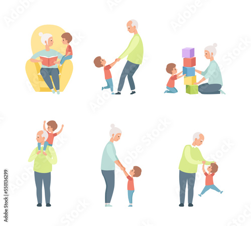 Grandpa and Grandma Playing Toy Blocks with Their Grandson and Reading Book Vector Set