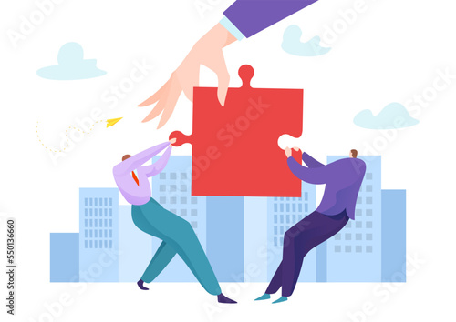 Competitor character business people fighting for puzzle, company opponent rival flat vector illustration, isolated on white.