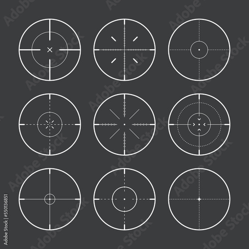 Various sniper rifle sights, weapon optical scope crosshair. Hunting gun viewfinder. Shooting mark symbol, aim. Military target sign. Game interface UI element. Vector illustration