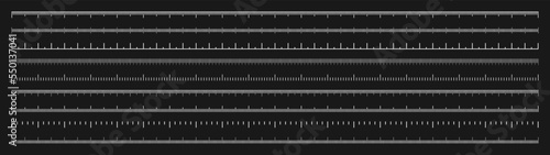 Various measurement scales with divisions. Realistic white scale for measuring length or height in centimeters, millimeters or inches. Ruler, tape measure marks, size indicators. Vector illustration
