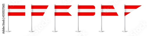 Free Download Realistic various Austrian table flags on a chrome steel pole. Souvenir from Austria. Desk flag made of paper or fabric, shiny metal stand. Mockup for promotion and advertising. Vector illustration - GFXLoad