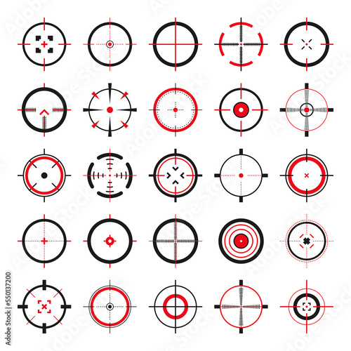 Crosshair, gun sight vector icons. Bullseye, black target or aim symbol. Military rifle scope, shooting mark sign. Targeting, aiming for a shot. Archery, hunting and sports shooting. Game UI element.
