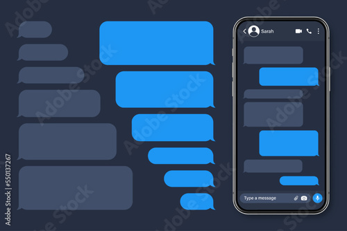 Realistic smartphone with messaging app. Blank SMS text frame. Conversation chat screen with blue message bubbles. Social media application. Vector illustration.