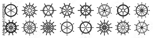 Collection of vintage steering wheels. Ship, yacht retro wheel symbol. Nautical rudder icon. Marine design element. Vector illustration