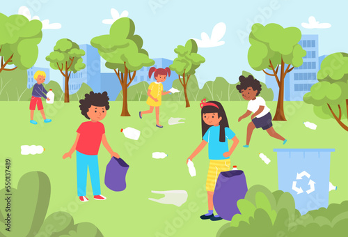 Group of people children volunteer character, cute child collecting garbage city park garden, environmental protection flat vector illustration.