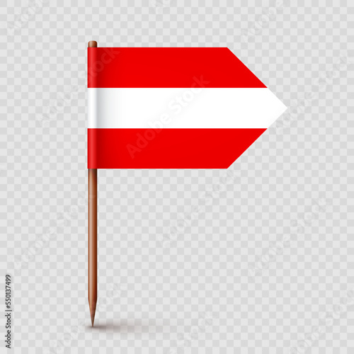 Realistic Austrian toothpick flag. Souvenir from Austria. Wooden toothpick with paper flag. Location mark, map pointer. Blank mockup for advertising and promotions. Vector illustration